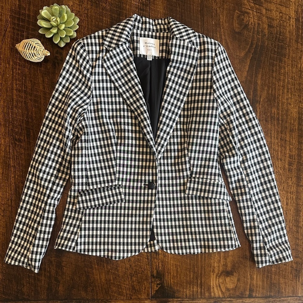 Maison D’Amelie | Black & White Gingham One Button Blazer, Size XS